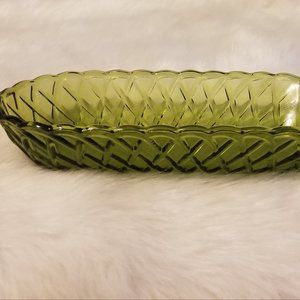 Vintage Green Glass Oval Dish Raised Weave Pattern